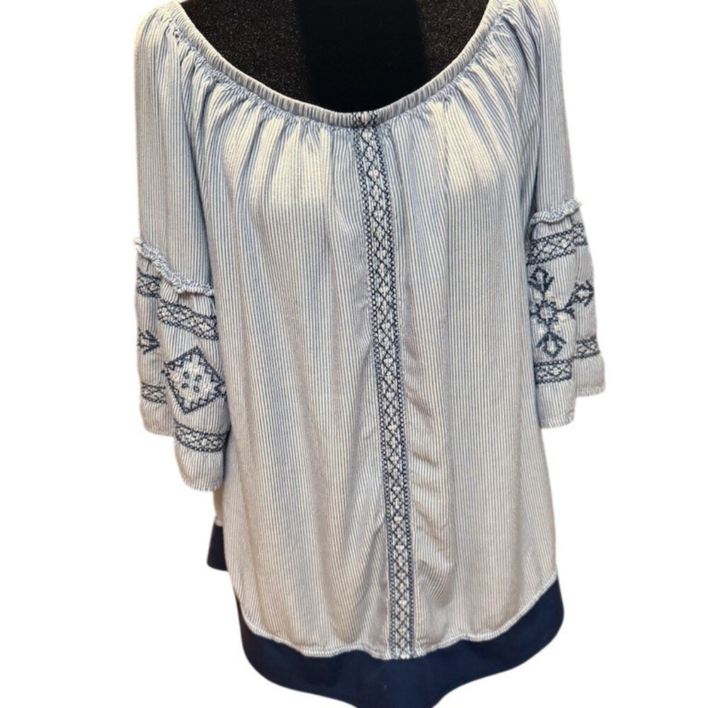 St. John’s Bay Blouse Womens L Blue & White Pinstripe Embroidered Peasant - Picture 2 of 8